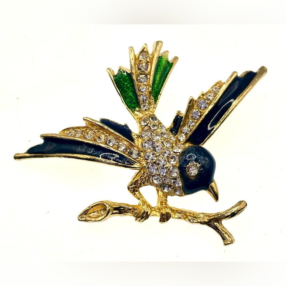 Vintage Gold Tone Rhinestone Enamel Bird Brooch Blue Green Perched Bird Pin